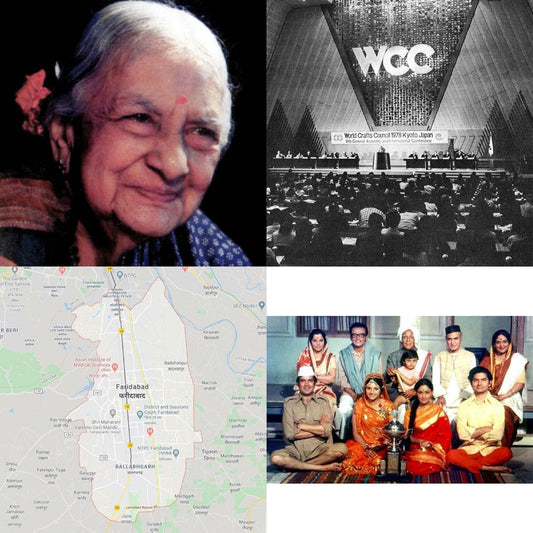 A collage of images of Kamaladevi Chattopadhyay, Map of Faridabad City, a photograph of cast of Bawarchi and an old black and white image of World Craft Council's Tokyo Conference Hall.