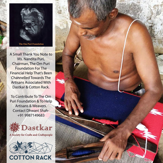 Poster of an Indian Handloom weaver while weaving alonwith a thank you note and a photograph go Actor Om Puri and Dastkar Logo
