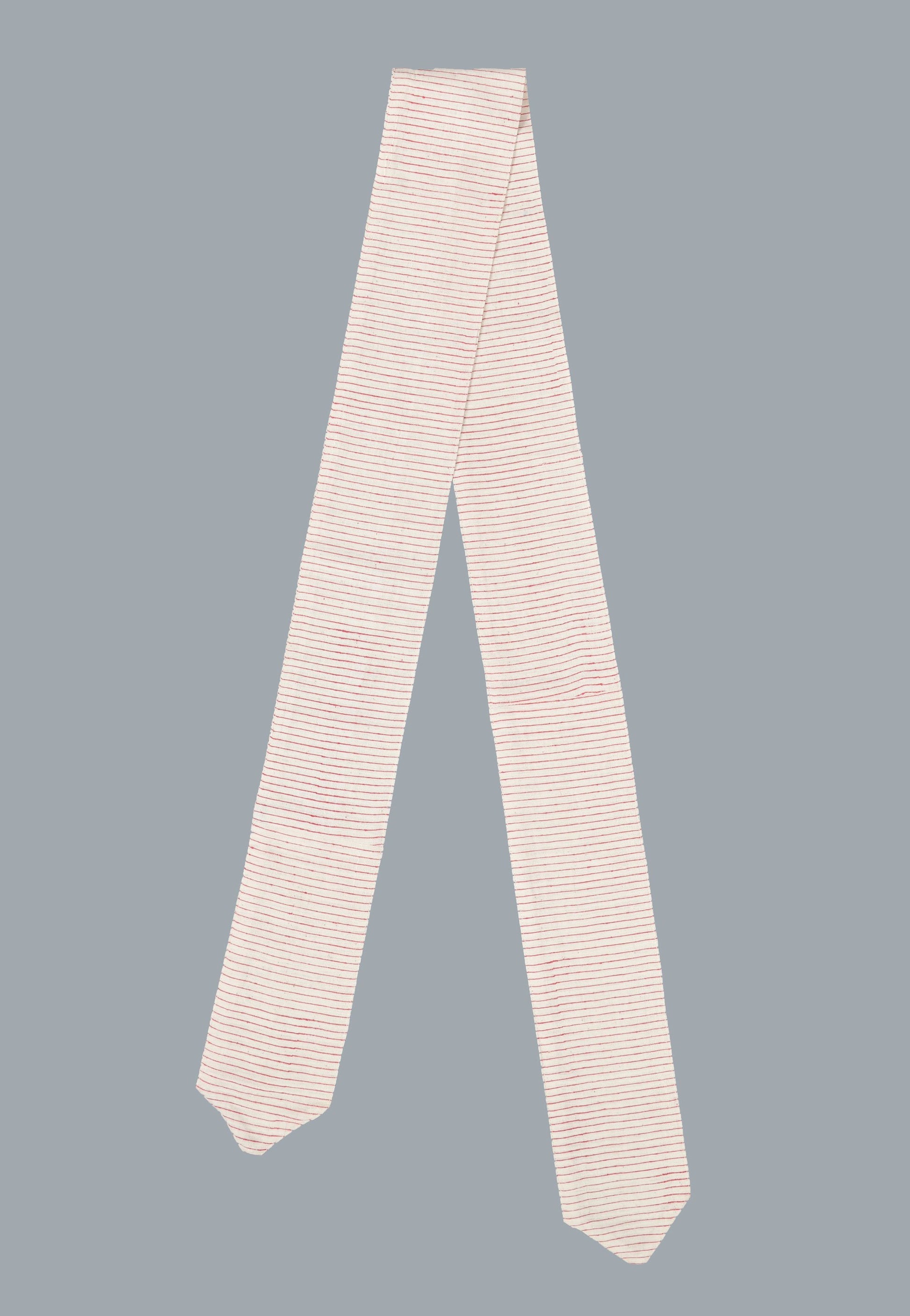 flat top shot bandana on printed with fine red stripes using brass block over handspun handwoven khadi cotton from maheshwar