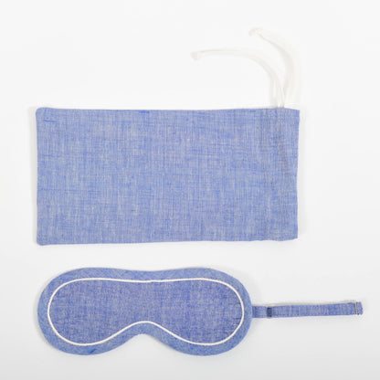 A close-up image from the top of the blue space dyed eye mask and it's co-ordinated cover made in handspun and handwoven khadi cotton by Cotton Rack.