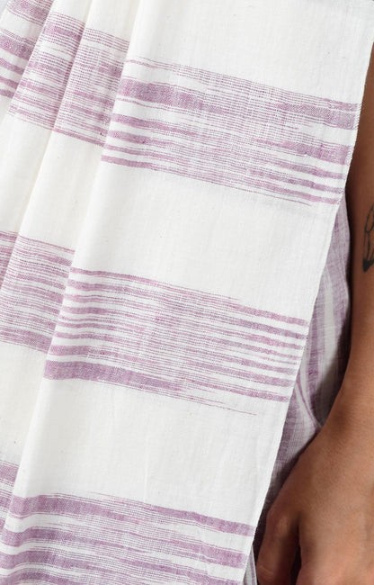 Close-Up of a female womenswear fashion model draped in a purple & white space dyed homespun and handwoven cotton saree by Cotton Rack.