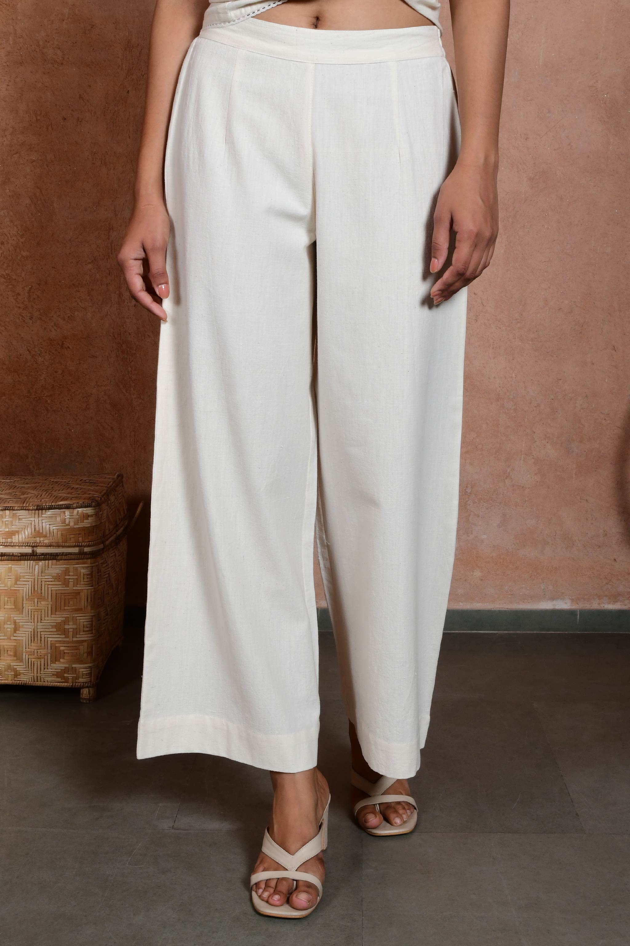 Buy BIBA Off White Solid Straight Cotton Womens Pants | Shoppers Stop